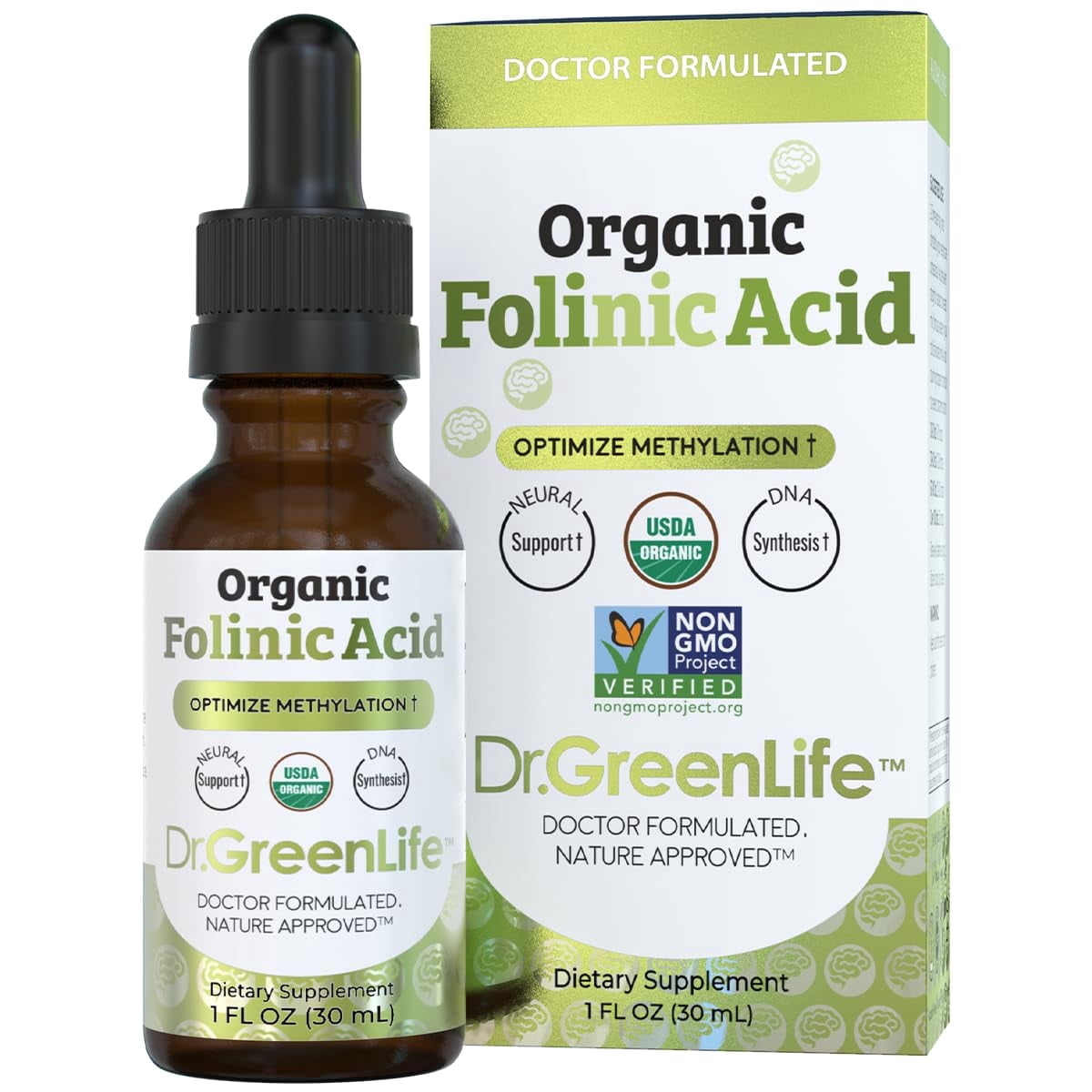 Dr. Green Mom Folinic Acid For Kids & Adults — High Dose — MTHFR-Friendly Folic Acid Alternative — Organic Liquid Drops — 500 mcg/Drop — Vitamin B9 for Methylation, Neurological & DNA Support
