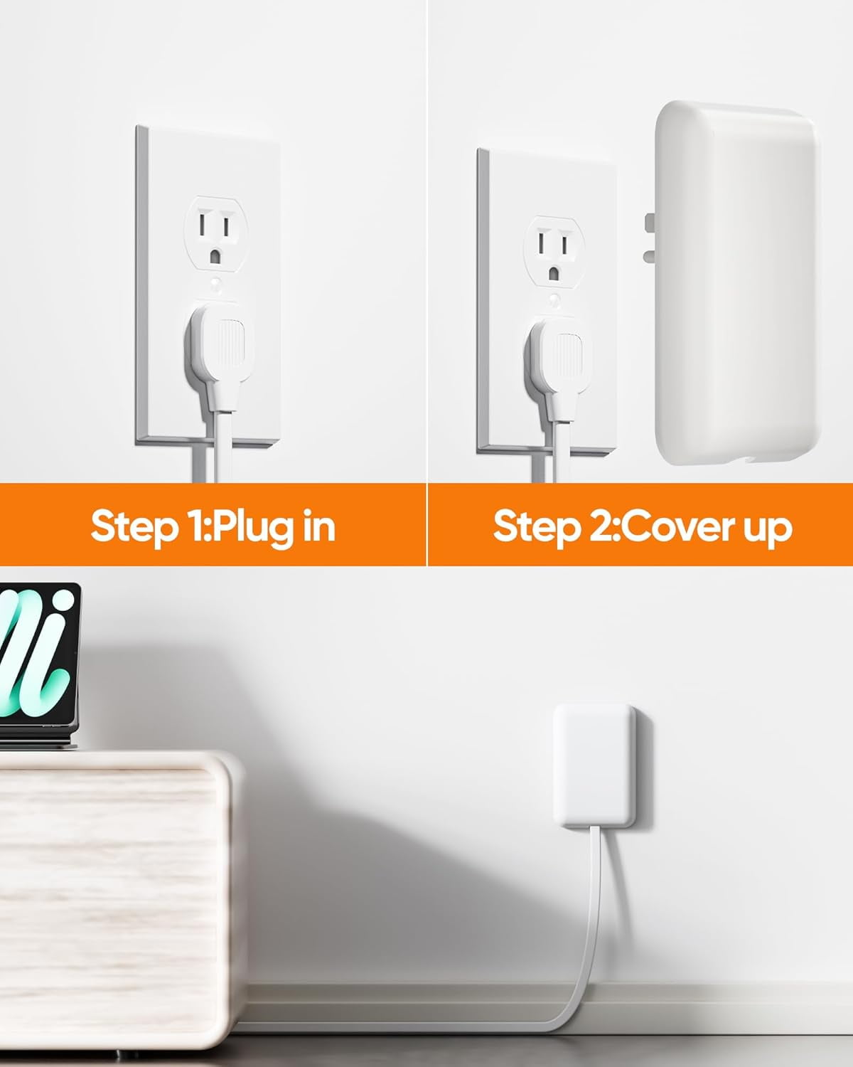 Flat Outlet Extender with Cover, Flat Plug Power Strip with 6 AC Outlets, 2000 Joules Surge Protector, 5FT Flat Extension Cord, Home Office Travel Dorm Room Essentials