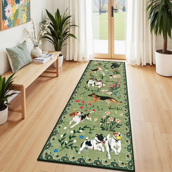 MJIAexp 2'x6' Jute Animal Dog Floral Kitchen Runner Rug,Woven Texture Machine Washable Runner Rug Non-Slip Rubberback Hallway Runner Laundry Rug Throw Carpet for Living Room Bedroom Dining Room Entry