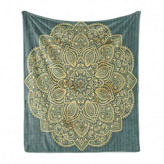 Mandala Soft Flannel Fleece Throw Blanket, Bohemian with Ornamental Folk on Vertical Stripes, Cozy Plush for Indoor and Outdoor Use, 60" x 80", Cadet Blue Pale Yellow, by Ambesonne