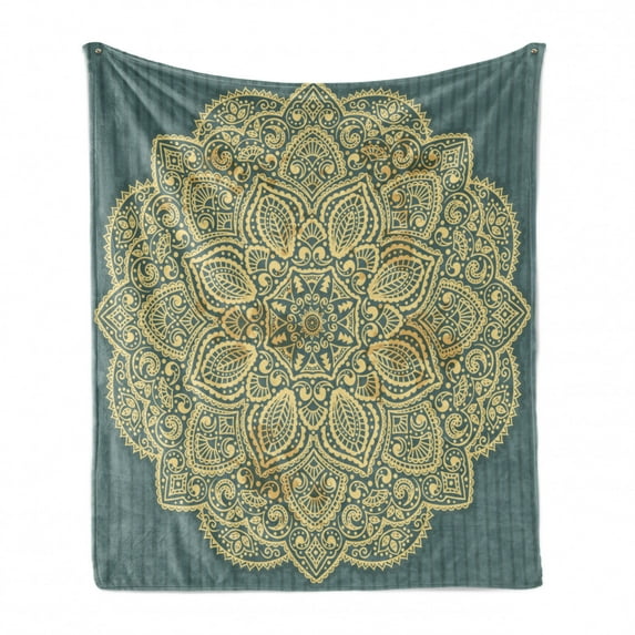 Mandala Soft Flannel Fleece Throw Blanket, Bohemian with Ornamental Folk on Vertical Stripes, Cozy Plush for Indoor and Outdoor Use, 50" x 70", Cadet Blue Pale Yellow, by Ambesonne