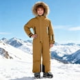 thumbnail image 2 of KAUOD Boys Girls One Piece Waterproof Snowsuits Thick Insulated Winter Outdoor Ski Jumpsuits Kids Faux-F𝐮r Hood Bib Overall, 2 of 9