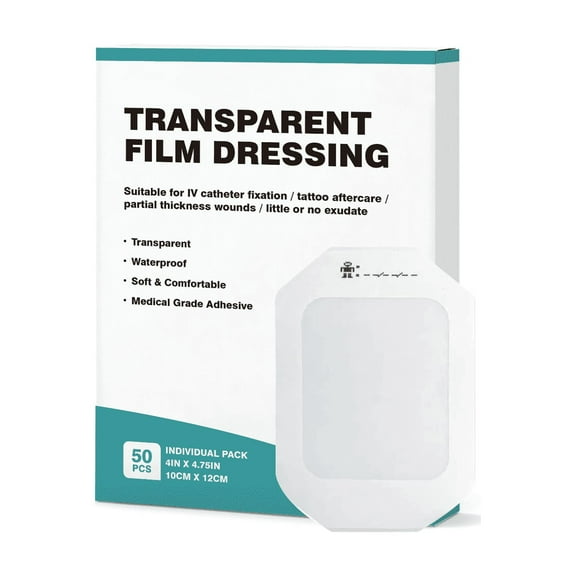 Waterproof Transparent Film Dressing 50 Packs, Adhesive Clear Bandages 4 in x 5 in, Clear Tattoo Aftercare Bandage Tape for IV Shield Wound Care