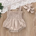 thumbnail image 2 of Baby Summer Jumpsuit Outfit Solid Color Ruched Toddler Girl Casual Sleeveless Suspender Rompers and Headband, 2 of 6