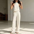 thumbnail image 2 of Morttic Women's Solid Color High Neck Halter Top & Pleated Wide Leg Pants Set – Sleeveless Business Casual & Everyday Outfit White，XXL, 2 of 6