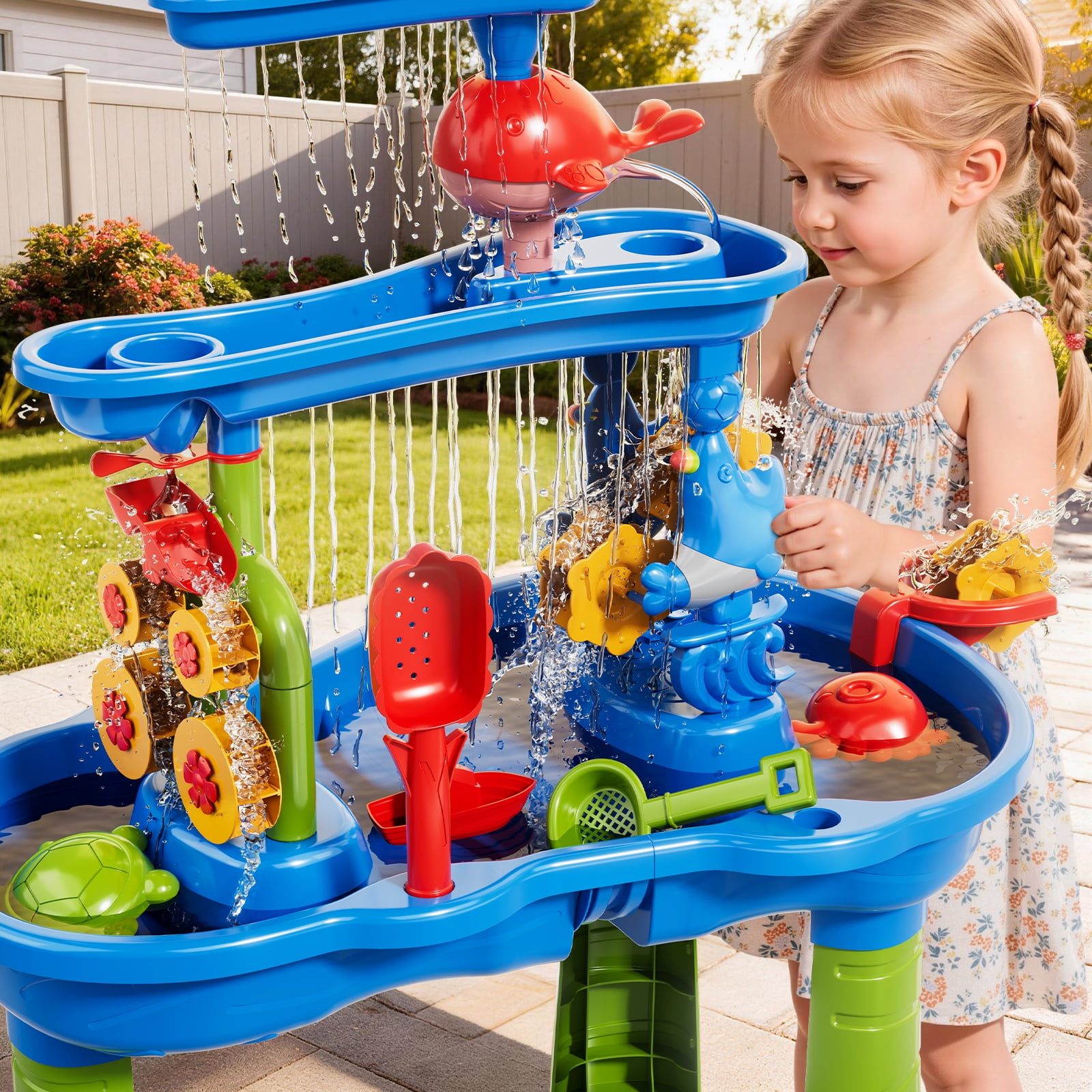 3-Tier Water Table for Toddlers 1-3, Multi-Functional Sand Water Table Toy with Rich Sand Toys, Sensory Activity Table for Kids Outdoor Indoor Beach Fun