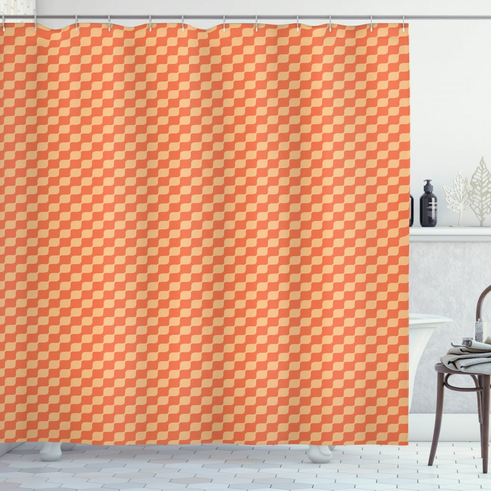 Orange Shower Curtain, Abstract Repeating Diagonal Wavy Line Pattern