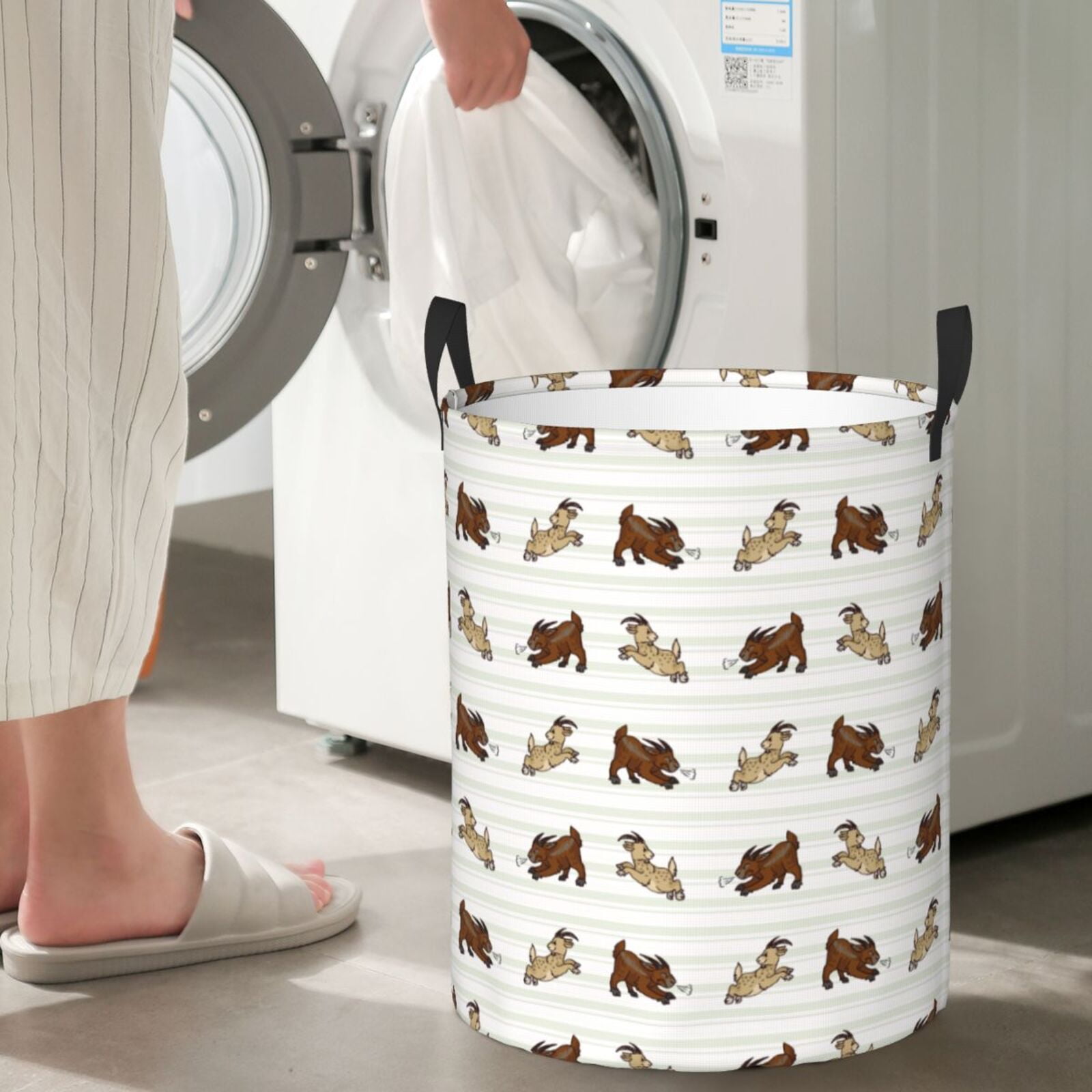 Large Laundry Basket with Handles - Classic Striped Cartoon Cute Goat Kids Baby Dirty Clothes Laundry Hamper for Bedroom Aesthetic
