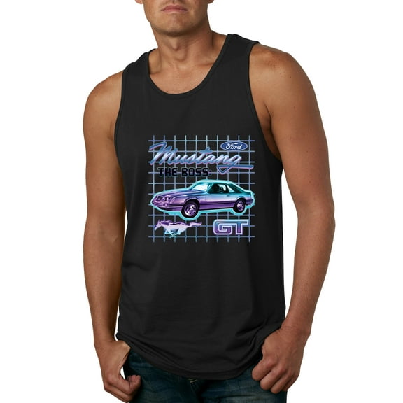 Ford Mustang GT The Boss Retro Neon Vintage | Mens Cars and Trucks Graphic Tank Top, Black, Small