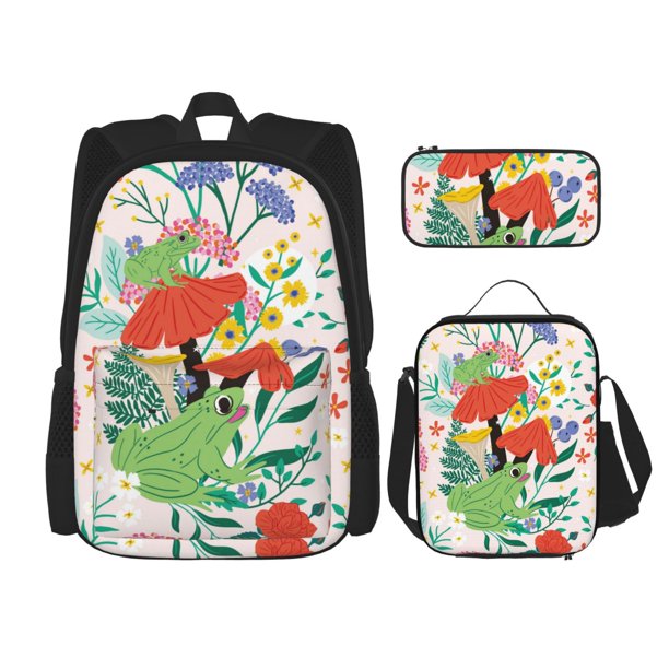 Balery Mushroom and Frogs Mochila Escolar 3 en 1 para Niños - Mochila Resistente con Lonchera Térmica y Estuche - Mochila Escolar para Niños y Niñas