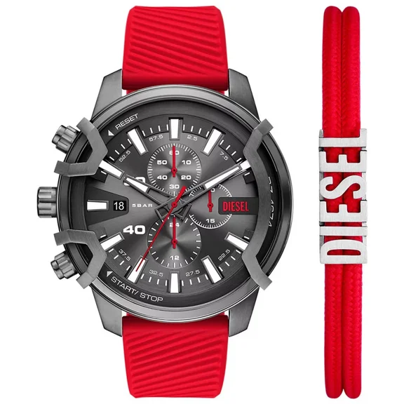 Diesel Chronograph DZ4673SET Black Dial Red Silicone Band 48MM Mens Watch Set