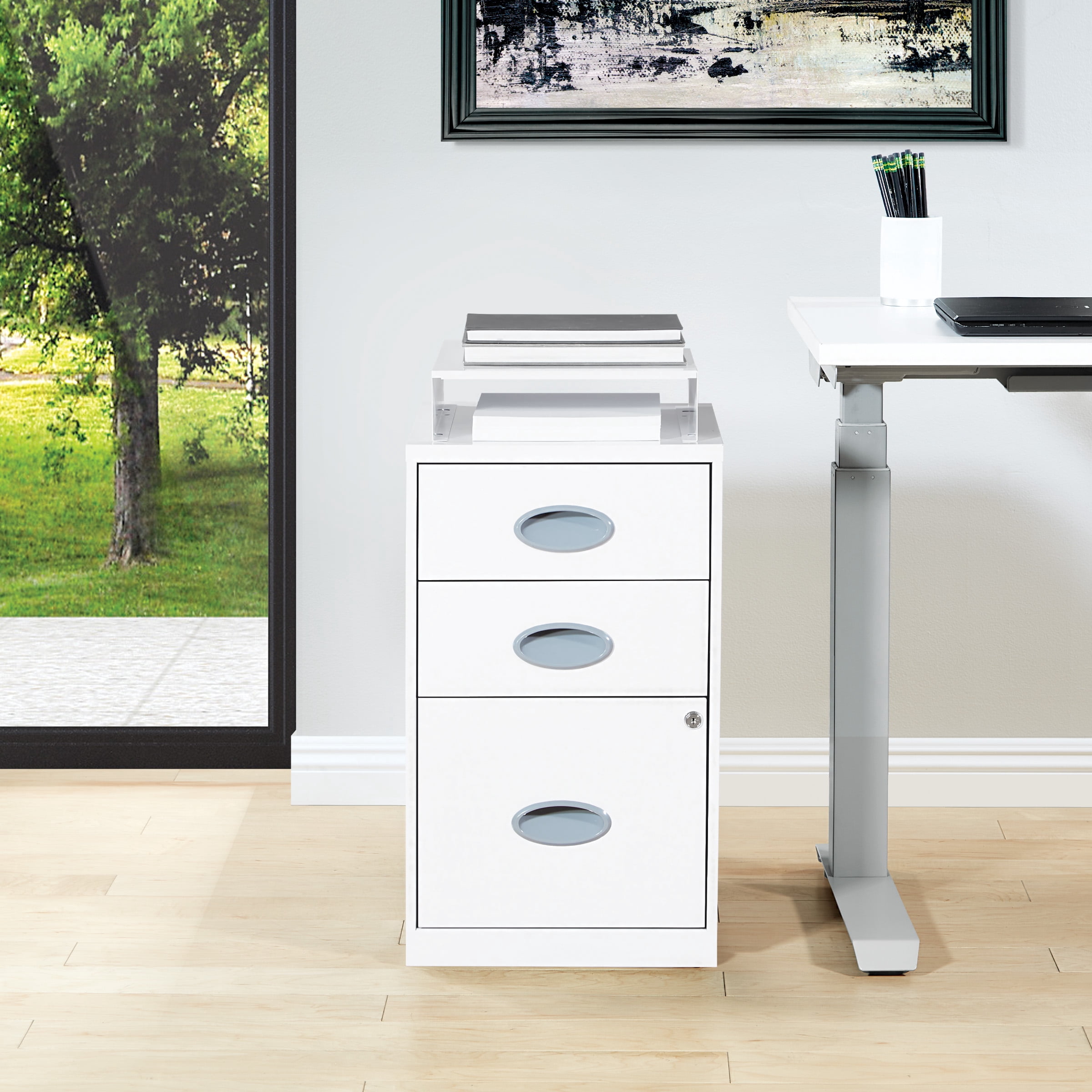 3 Drawer Locking Metal File Cabinet w/ Top Shelf in White