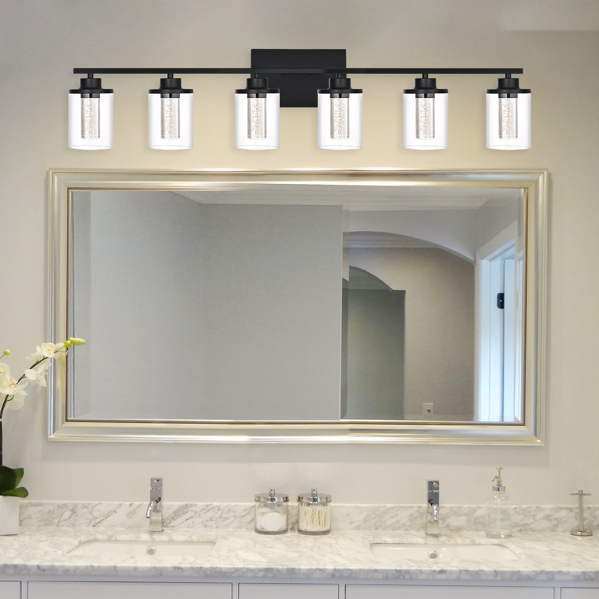 Melucee 5CCT Dimmable LED Black Vanity Lights 6-light, Modern Vanity Lighting Fixtures with Crystal Light Columns and Clear Glass for Bathroom Bedroom