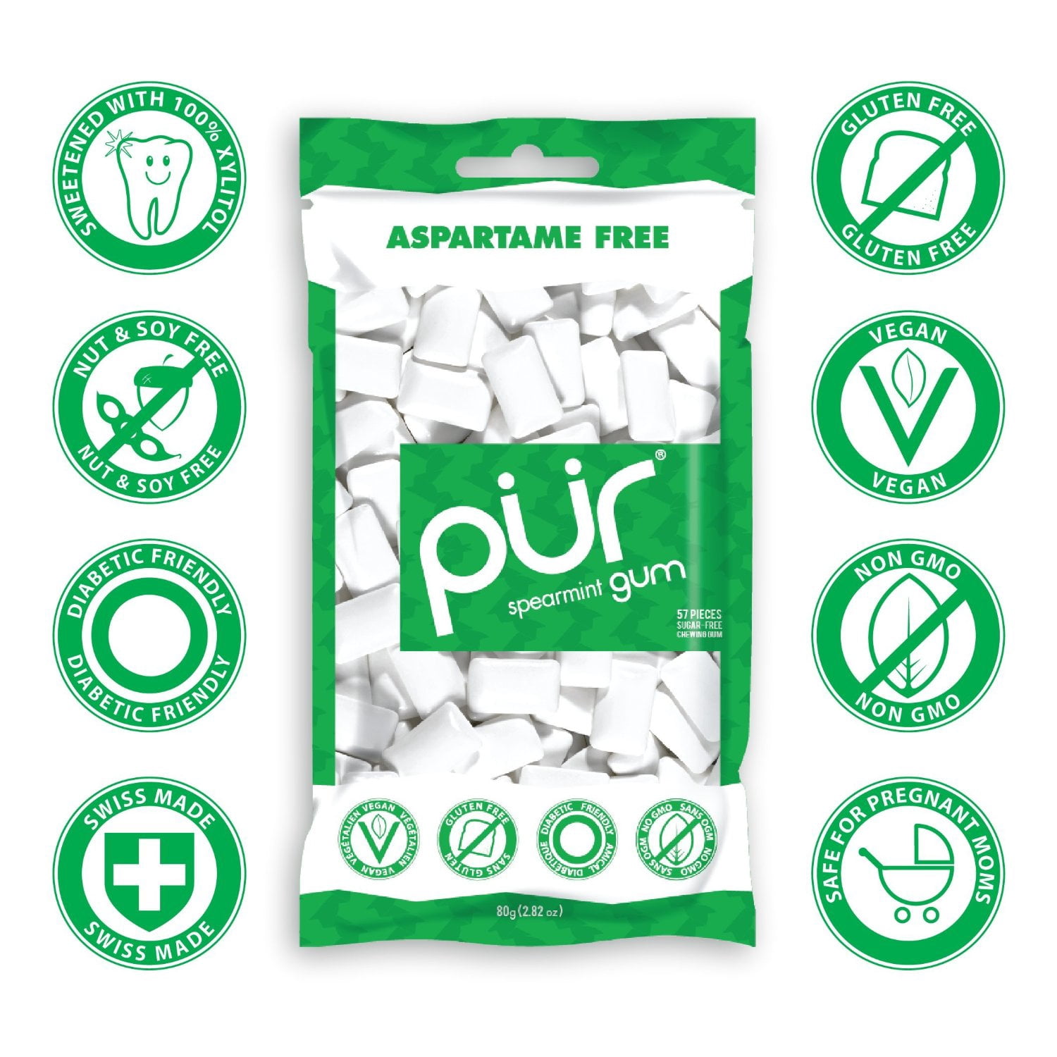 Pur Gum - Spearmint - Aspartame Free - 60 Pieces - 80 G - Case Of 12
