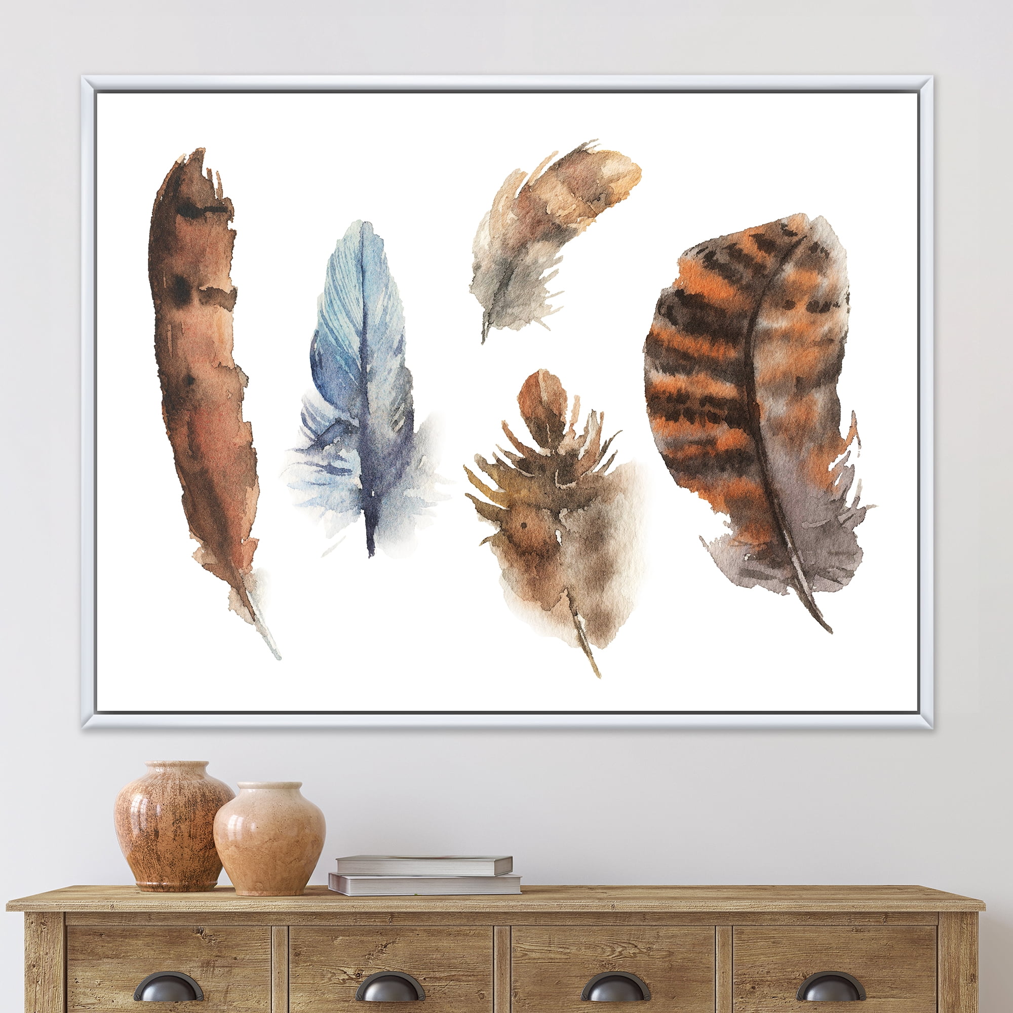 Designart 'Ethnic Boho Feathers In Earth Tones On White' Bohemian & Eclectic Framed Canvas Wall Art Print