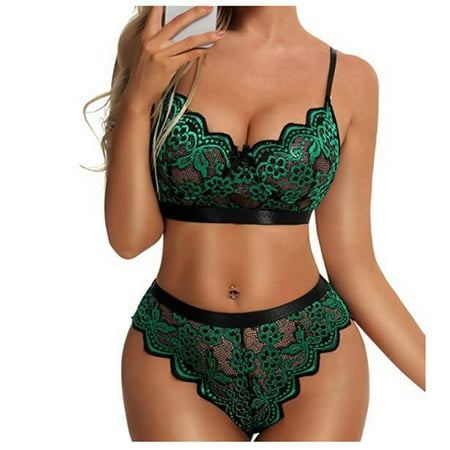TMOYZQ Underwear for Women Lace Sheer Bodysuit Underwear Chest V-neck See Through Strap Lace Bra and Panty Sets Underwear Underwear Pajamas Sets