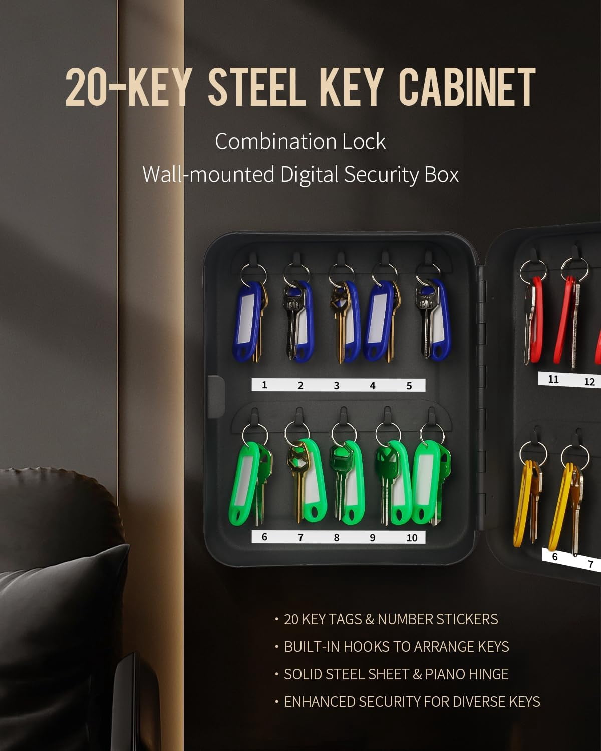 20 Position Key Cabinet with Combination Lock Resettable White Digital Security Storage Box Steel Key Organizer with Colorful Key Tag Labels Stickers and Hooks