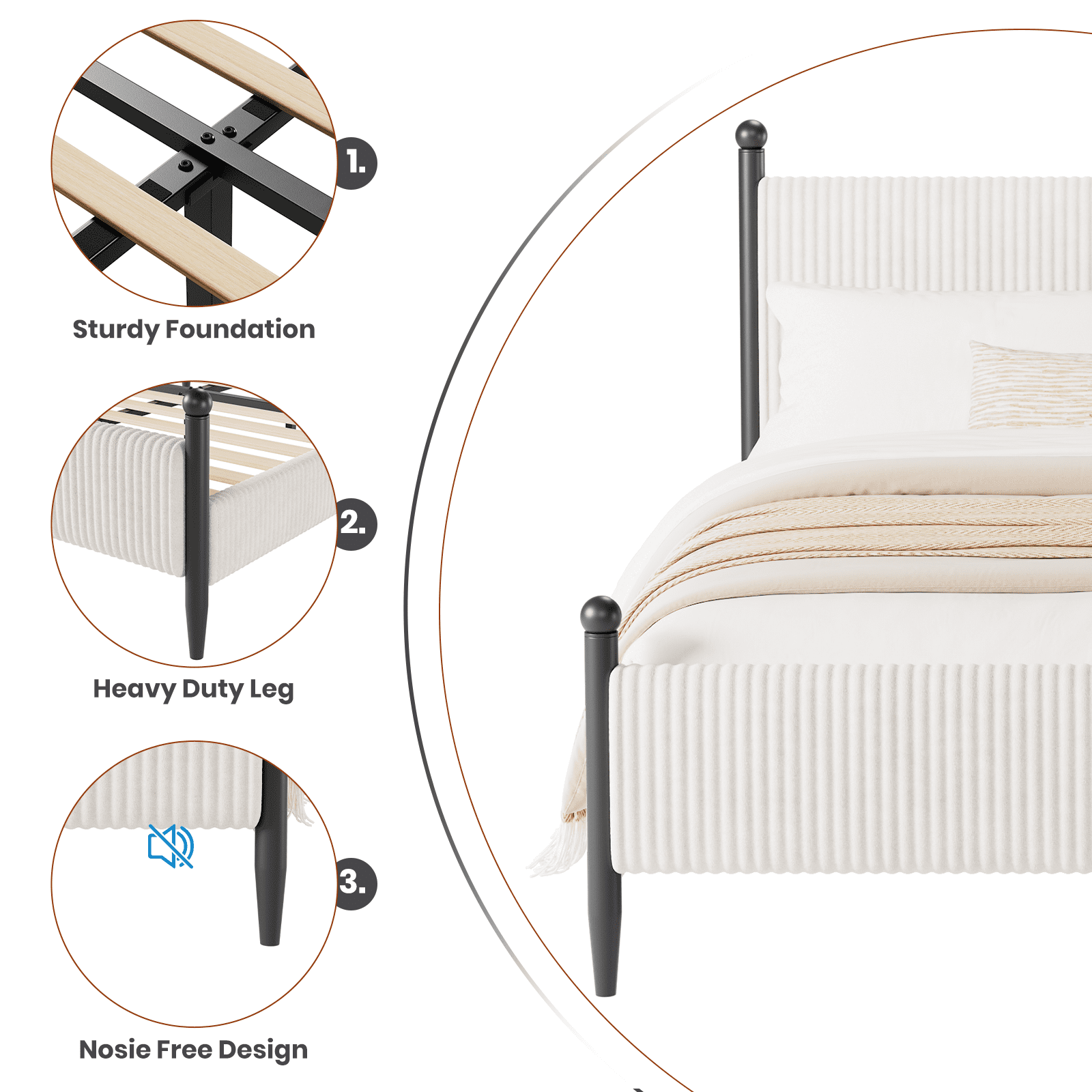Full Size Upholstered Bed Frame with Velvet Headboard, Soft Corduroy Fabric Platform Bed with Wooden Slats Support, No Box Spring Needed, White