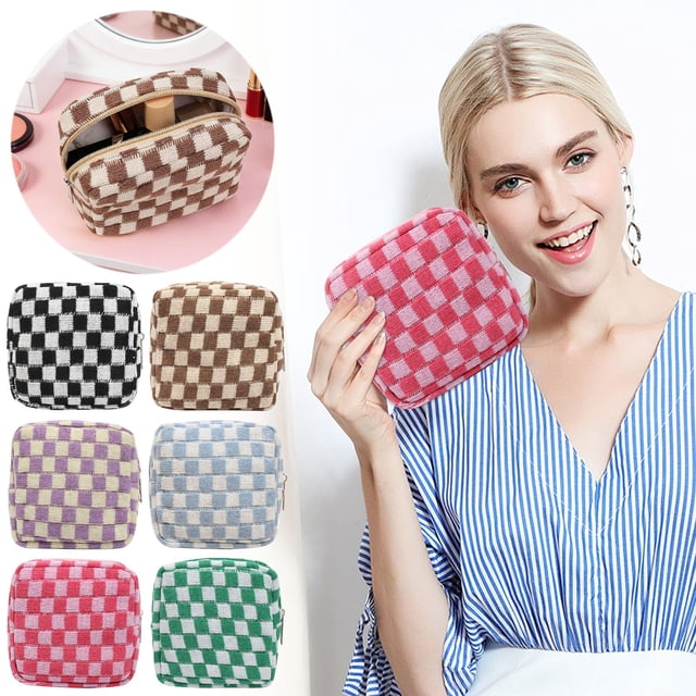 Storage Bag Black Knitted Coin Purse Checkerboard Pattern Large Capacity Portable Storage Bag for Makeup and Lipstick(1Pcs) Rkxzt