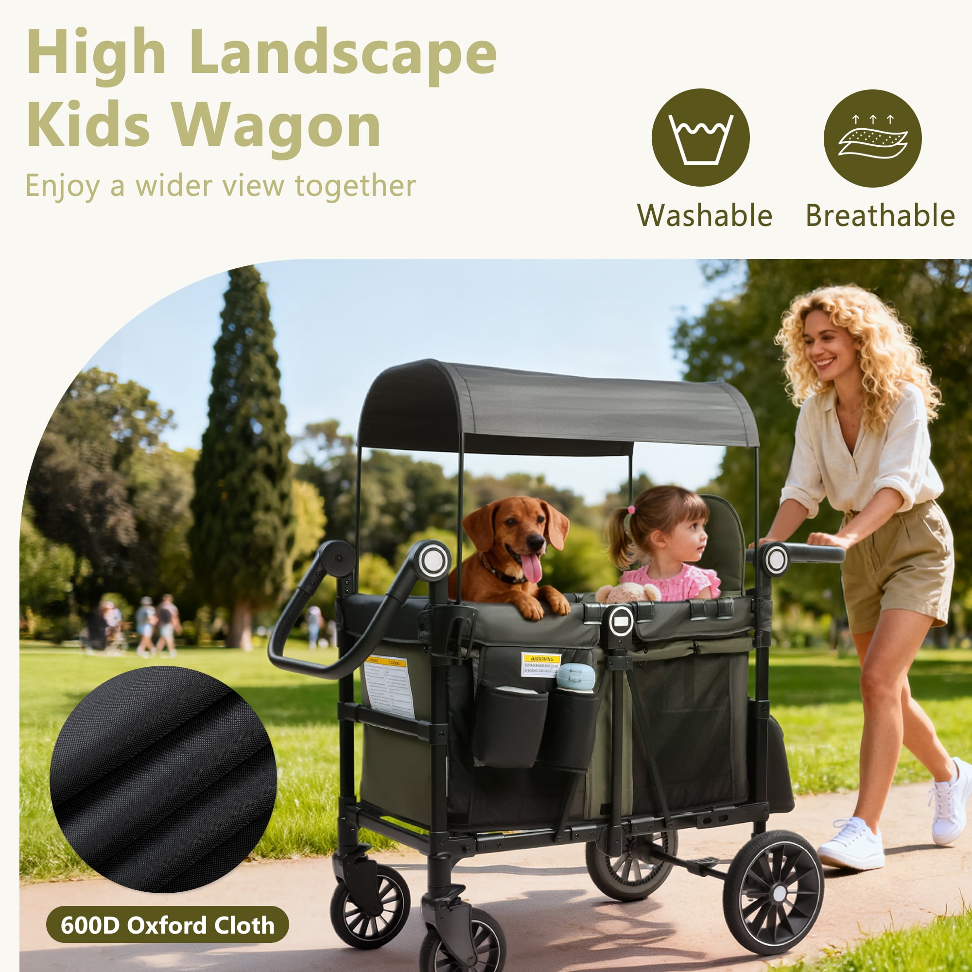 LINLUX 2 Kids Wagon Stroller, Foldable Outdoor 2-Seat Stroller Wagon, Removable Canopy, 55 Pound, Green
