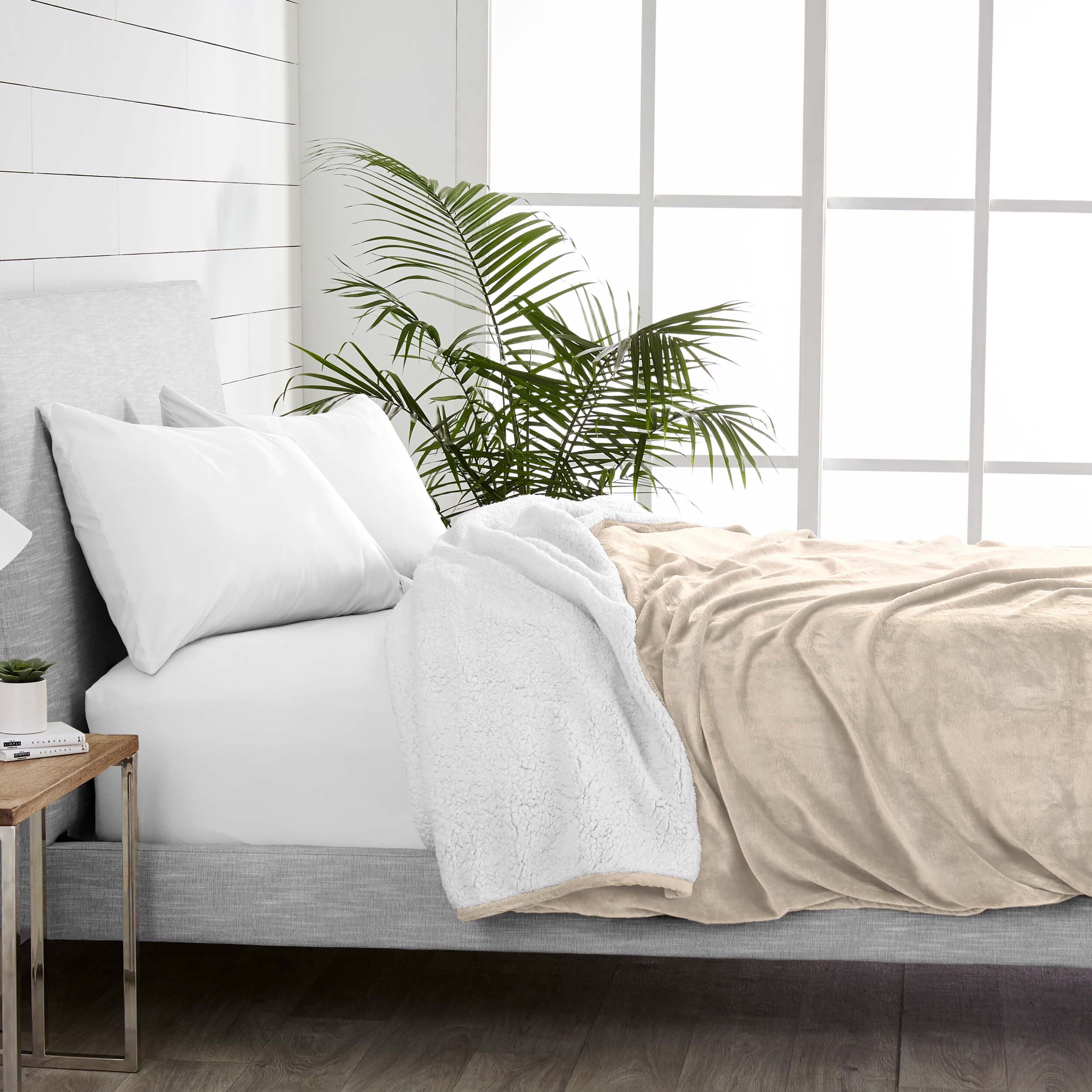 Bare Home Reversible Sherpa to Plush Bed Blanket (Twin/Twin XL, Oyster