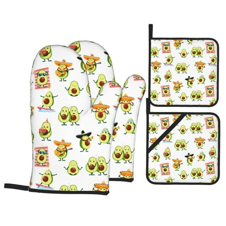 

Oven Mitts and Pot Holders Sets 4 pcs Kawaii Mexican Avocado Non-Slip Oven Gloves Potholders Soft Quilted Lining Heat Resistant Gloves Hot Pads for Kitchen Cooking Baking