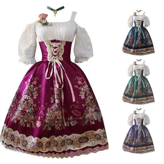 Xijirk Women's Dirndl Dress Traditional Bavarian Square Neck Lace Up Front Cold Shoulder Puff Half Sleeve Floral Print Midi Floral Decor for Oktoberfest Themed Party Cosplay,S