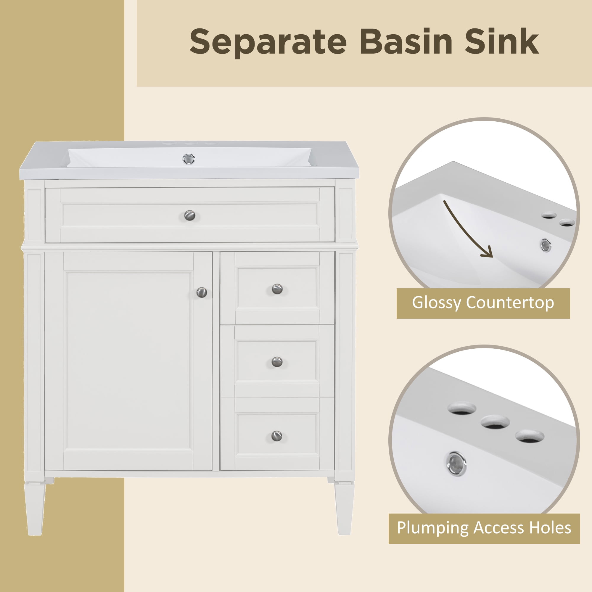 Euroco 30'' Bathroom Vanity with Top Sink, Modern Bathroom Storage Cabinet with 2 Drawers and a Tip-out Drawer, Single Sink Bathroom Vanity (Same as SW000122AAK-1)