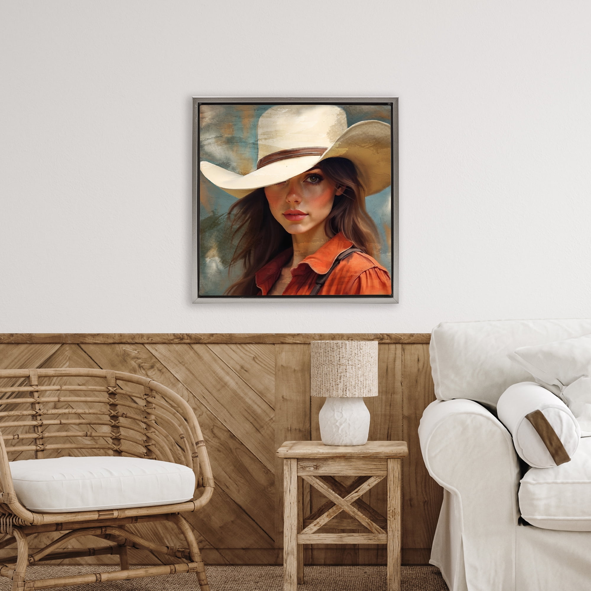 Cowgirl Gaze Beneath Hat Gray Framed Floater Canvas Wall Art, design by Kim Allen