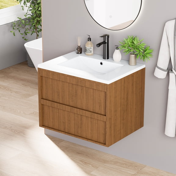 SOBREMESA 24" Floating Bathroom Vanity with Sink, Wood Grain Wall-Mounted Cabinet, 2 Large Storage Drawers, Includes White Ceramic Sink, Faucet & Drain, Natural