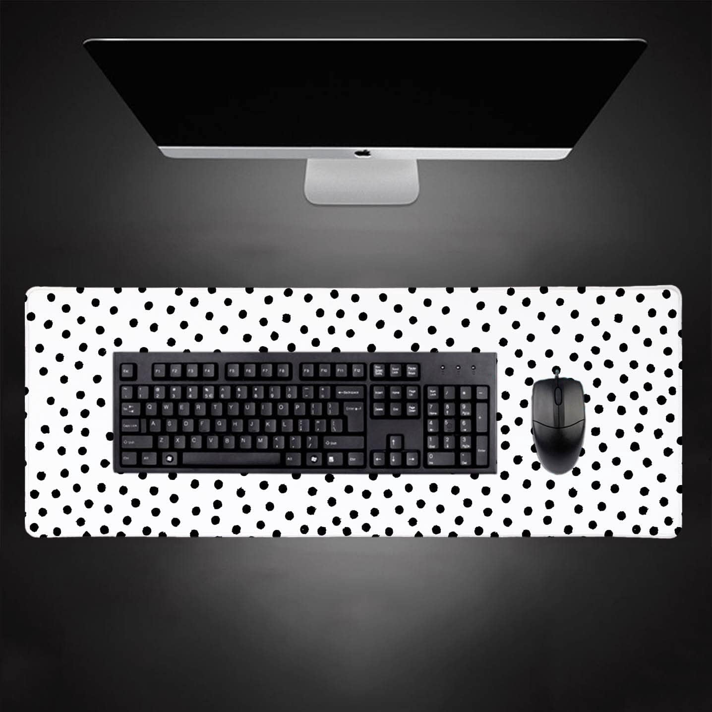 Black and White Dots Print Mouse Pad Long Extended Desk Mat with Stitched Edges, Aesthetic Cute Trendy Workspace Accessory, Boho Chic Desk Pad, 31.5 x 11.8 in, Perfect for Stylish Offices