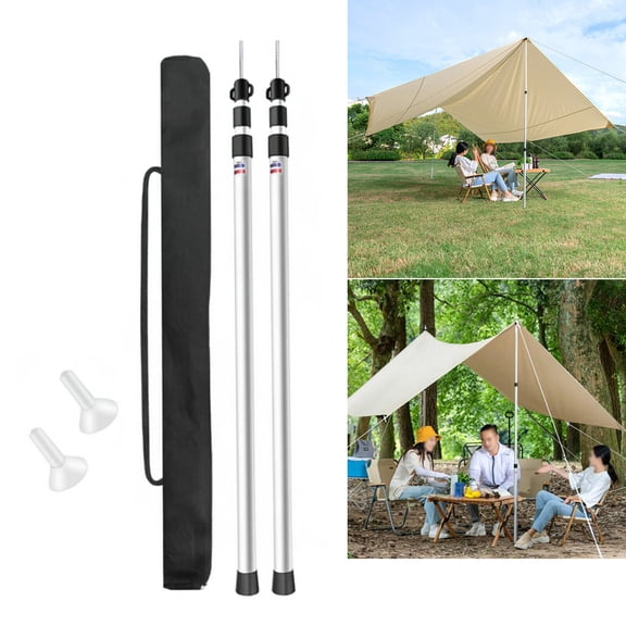 2Pc Strong Structure Tent Pole Telescopic Adjustable Tarp Poles Silver for Camping Canopy Awning Shelter