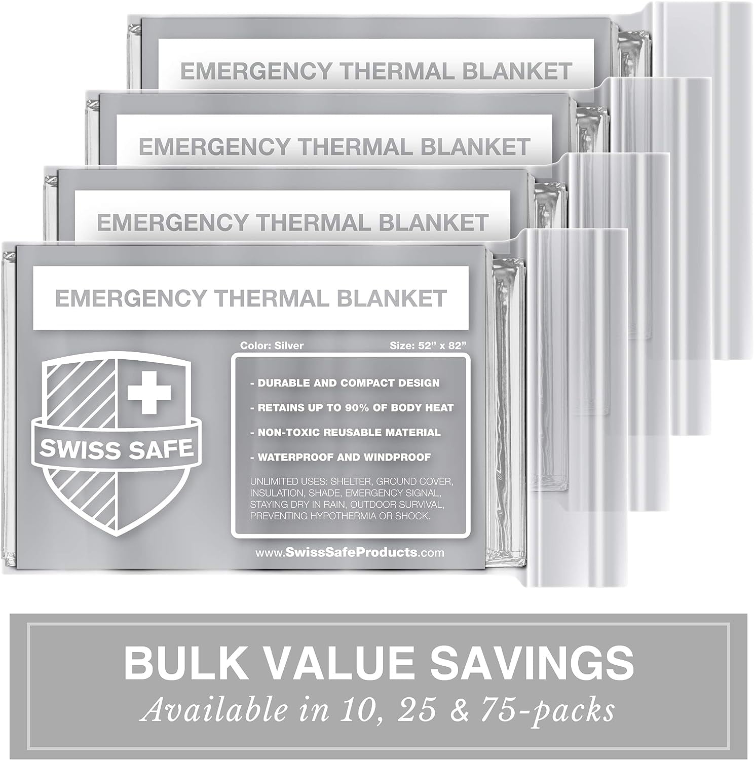 Swiss Safe Emergency Mylar Thermal Blankets Premium 12-Micron 52" X 82" Silver 75-Pack