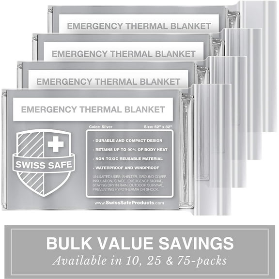Swiss Safe Emergency Mylar Thermal Blankets Premium 12-Micron 52" X 82" Silver 4-Pack