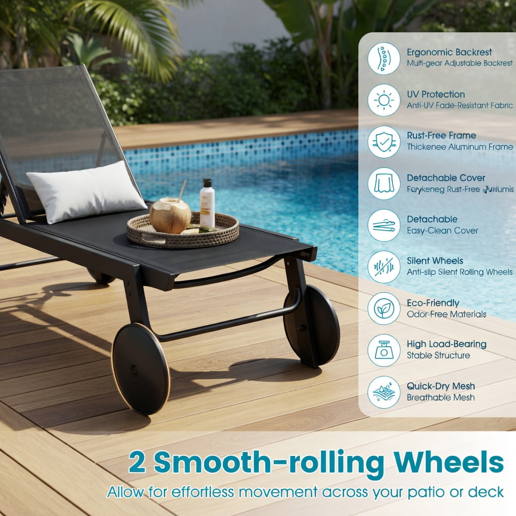Hommoo Adjustable Patio Chaise Lounge Chair with 6-Position Backrest, Smooth-Rolling Wheels & Breathable Fabric, Metal Outdoor Recliner for Poolside, Deck & Backyard, Black