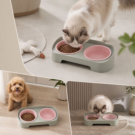 Double Bowl Pet Feeder 350ml Each Stays in Place for Cats and Small Dogs, Tilted Height Neck Care Removable Bowls, Stable Easy Clean Daily Feeding Station Indoor Gift
