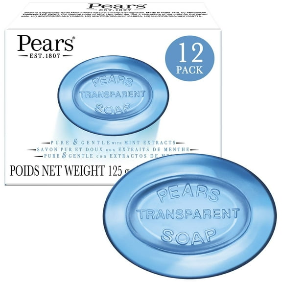 Pears Glycerin Soap, Transparent Blue with Mint Extract, 12-Pack – Pure & Gentle Cleanser for Cool, Refreshed Skin, 4.4 Oz Ea