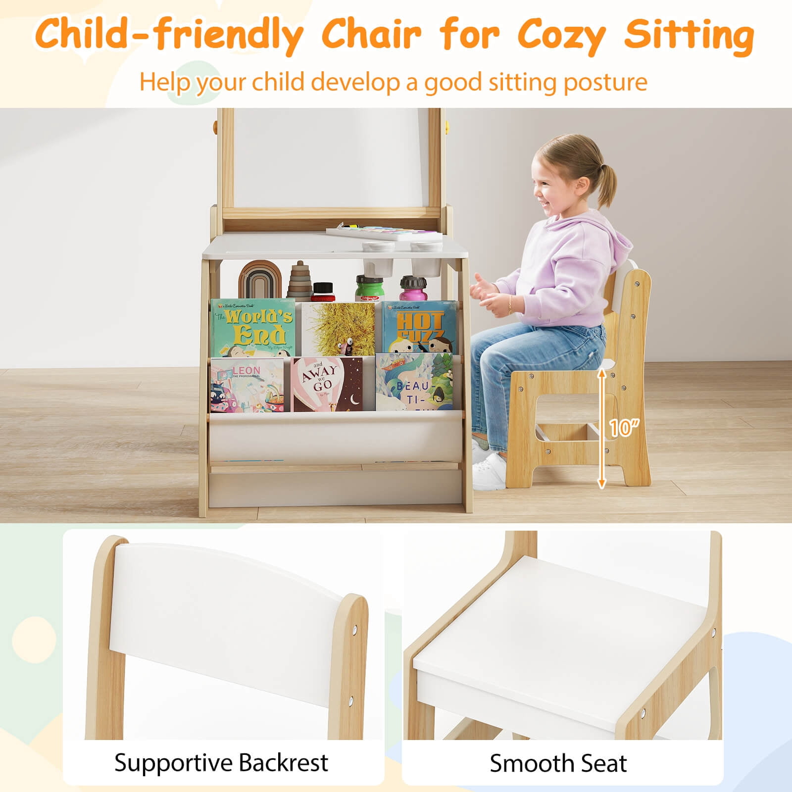 Costway Kids Art Table and Chair Set with Easel & Chair Whiteboard & Chalkboard Paper Roll Natural + White
