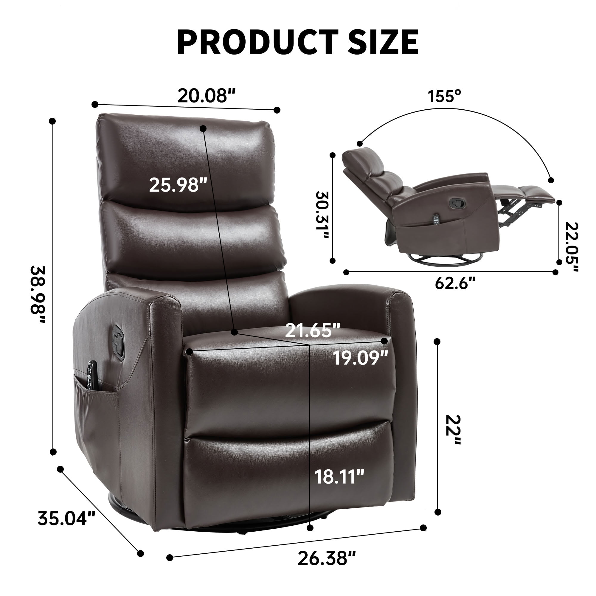 MAYEERTY 360 Degree Swivel Rocker Recliner Chair, Manual Recline Faux Leather Glider Chair with 8-Point Vibration Massage & Lumbar Heat, for Living Room Nursery Bedroom