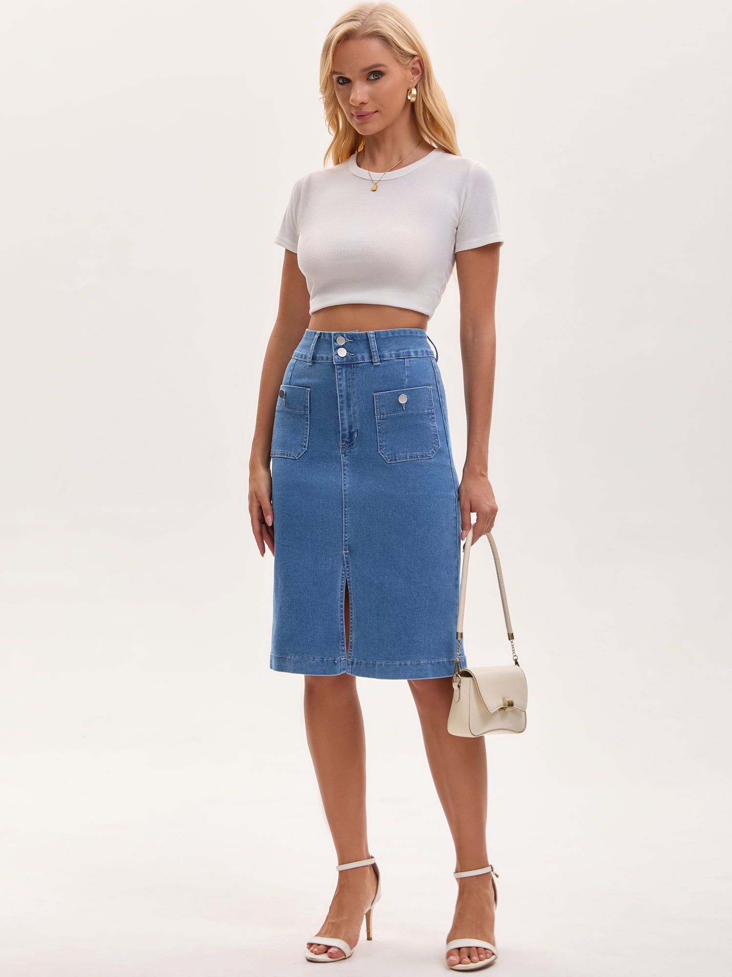 DARING DIVA Women's Stretchy Below Knee Length Jean Skirts Small Blue