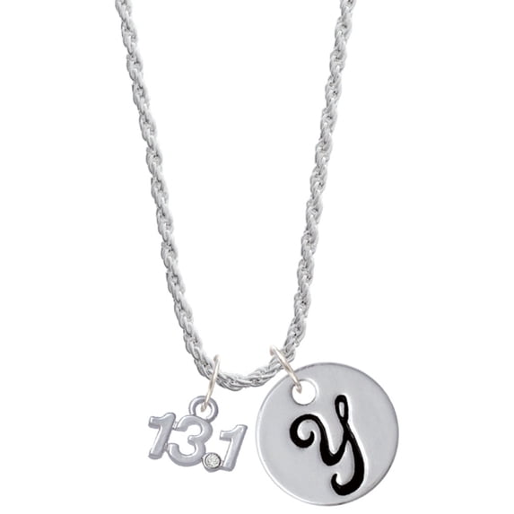 Delight Jewelry Silvertone Half Marathon - 13.1 with Clear Crystal Silvertone Script Initial Disc - Y - Charm Necklace, 20"+3"