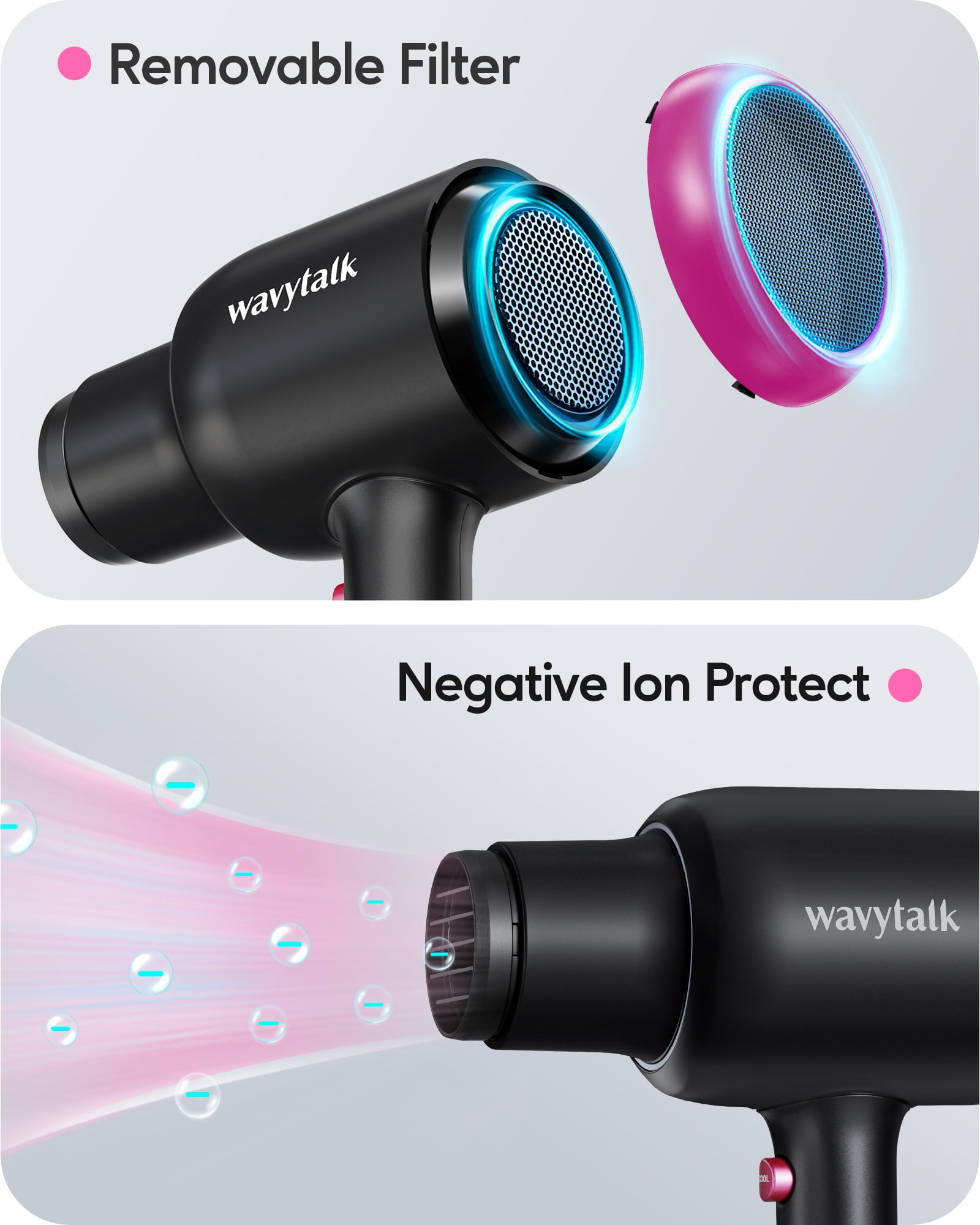 Wavytalk Ionic Hair Dryer, 1875W Blow Dryer with Diffuser for Curly Hair Quiet Compact Design, Black
