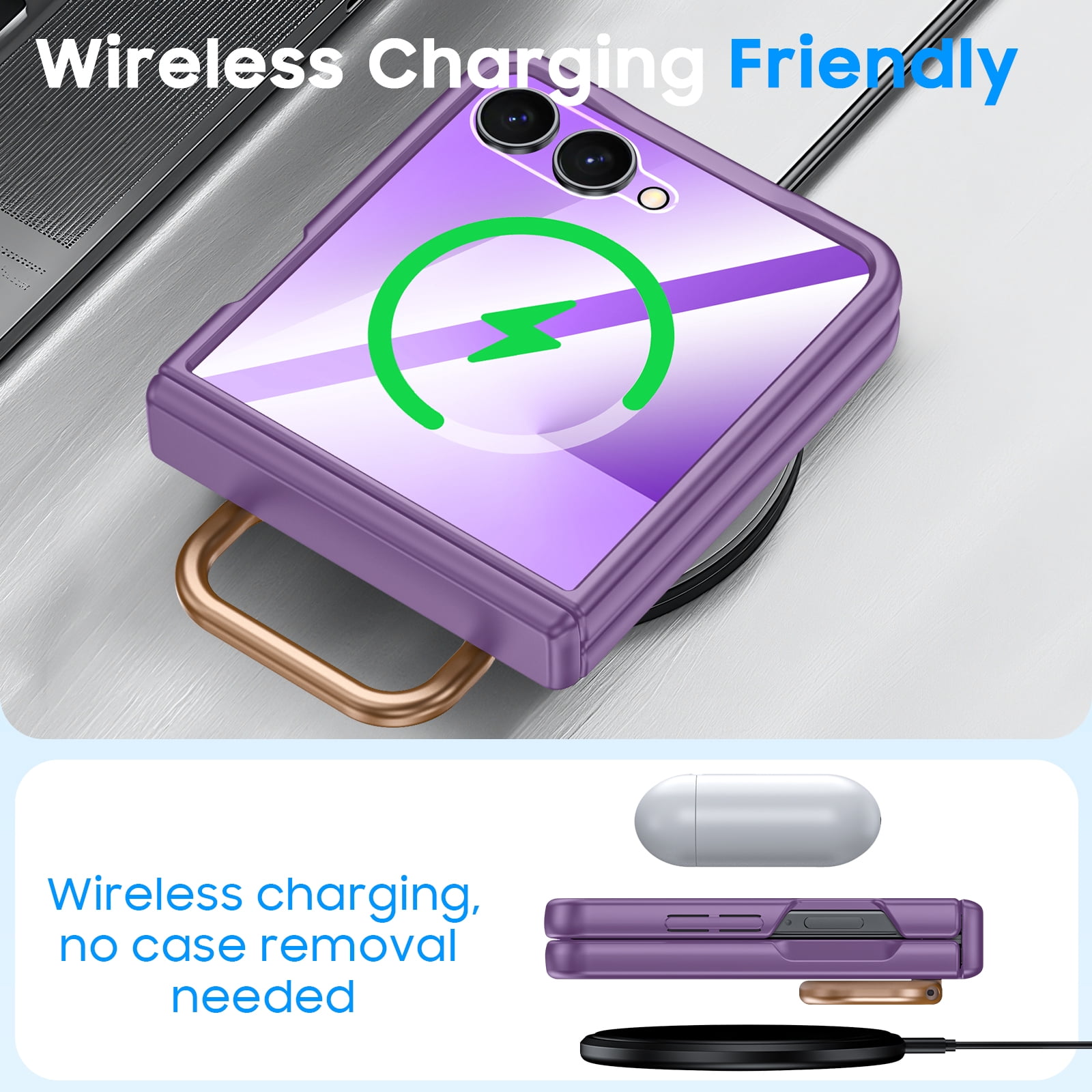 Vizvera for Samsung Galaxy Z Flip 7 Case with Ring Holder & Screen Protector & Hinge Protection,Wireless Charging,Skin Feel Matte PC,Shockproof Phone Case-Purple