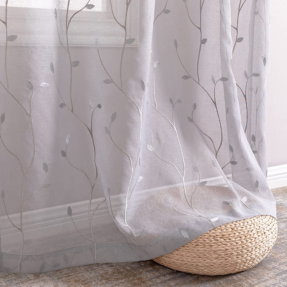 Curtainking Sheer Curtains Floral Embroidery Drapes 84 inch Voile Light Filtering Window Curtain Set for Living Room Bedroom Grommet 2 Panels Grey