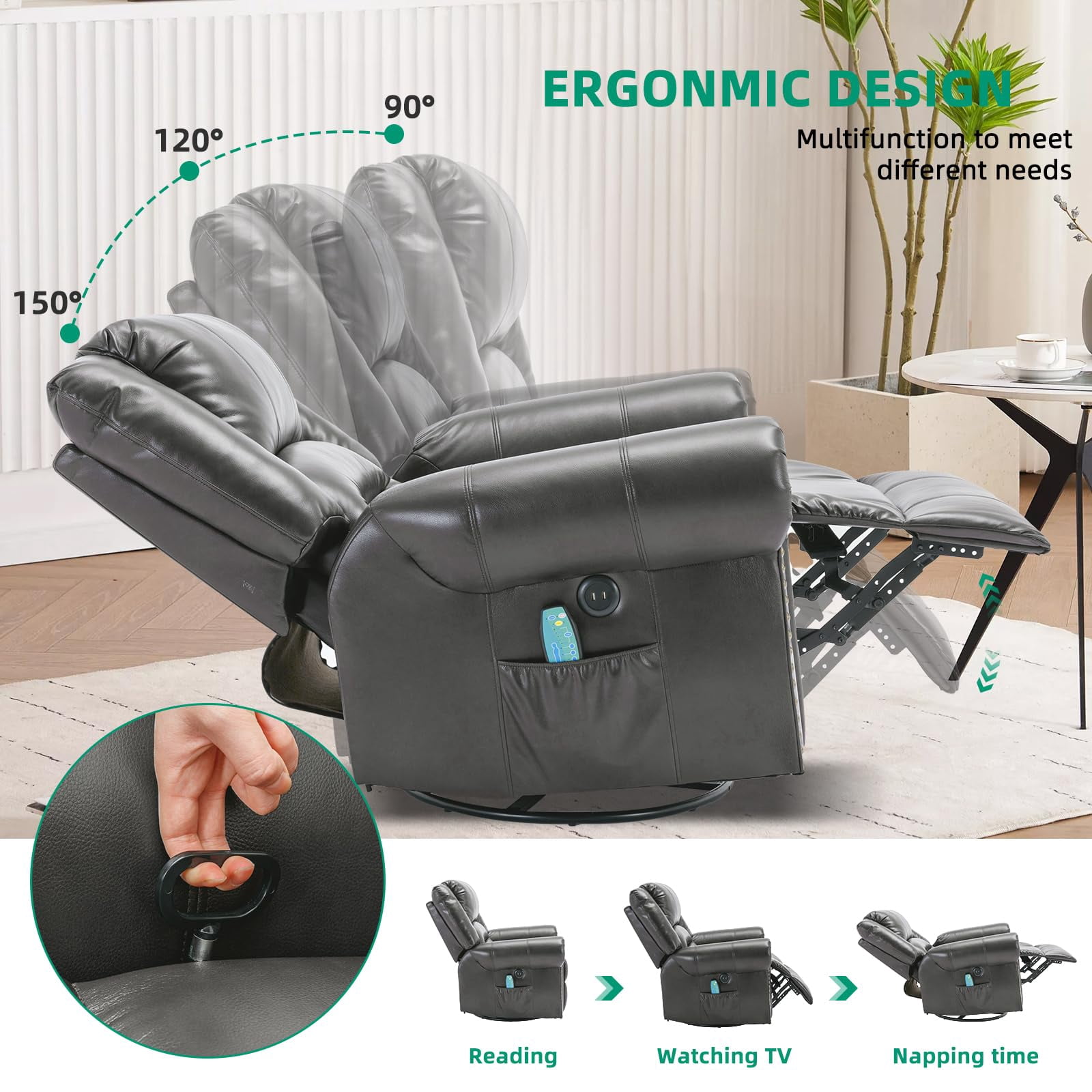 VIVIJASON Massage Swivel Rocker Recliner Chair with Heat & Vibration, 360° Swivel Manual Glider Rocking Reclining Chair with 2 Remote Controls, Side Pockets & USB Ports for Living Room, Gray