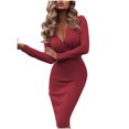 thumbnail image 2 of Bramtres Midi Dresses,Bodycon Dresses,Women Dress Solid Color Long Sleeve Deep V Neck Pleated Long Tight-Fitting Dress,Petite Dresses,Long Sleeve Dress,Modest Dresses,Red Dress,L, 2 of 6