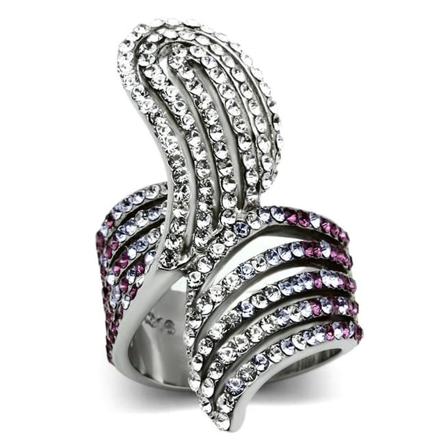 High Polished No Plating Stainless Steel Ring with Top Grade Crystal, Multi Color - Size 5