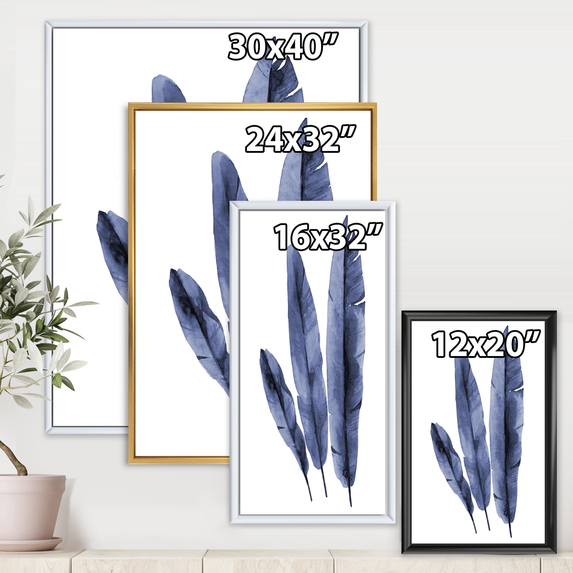 Designart 'Navy Blue Tropical Banana Leaves On White' Tropical Framed Canvas Wall Art Print
