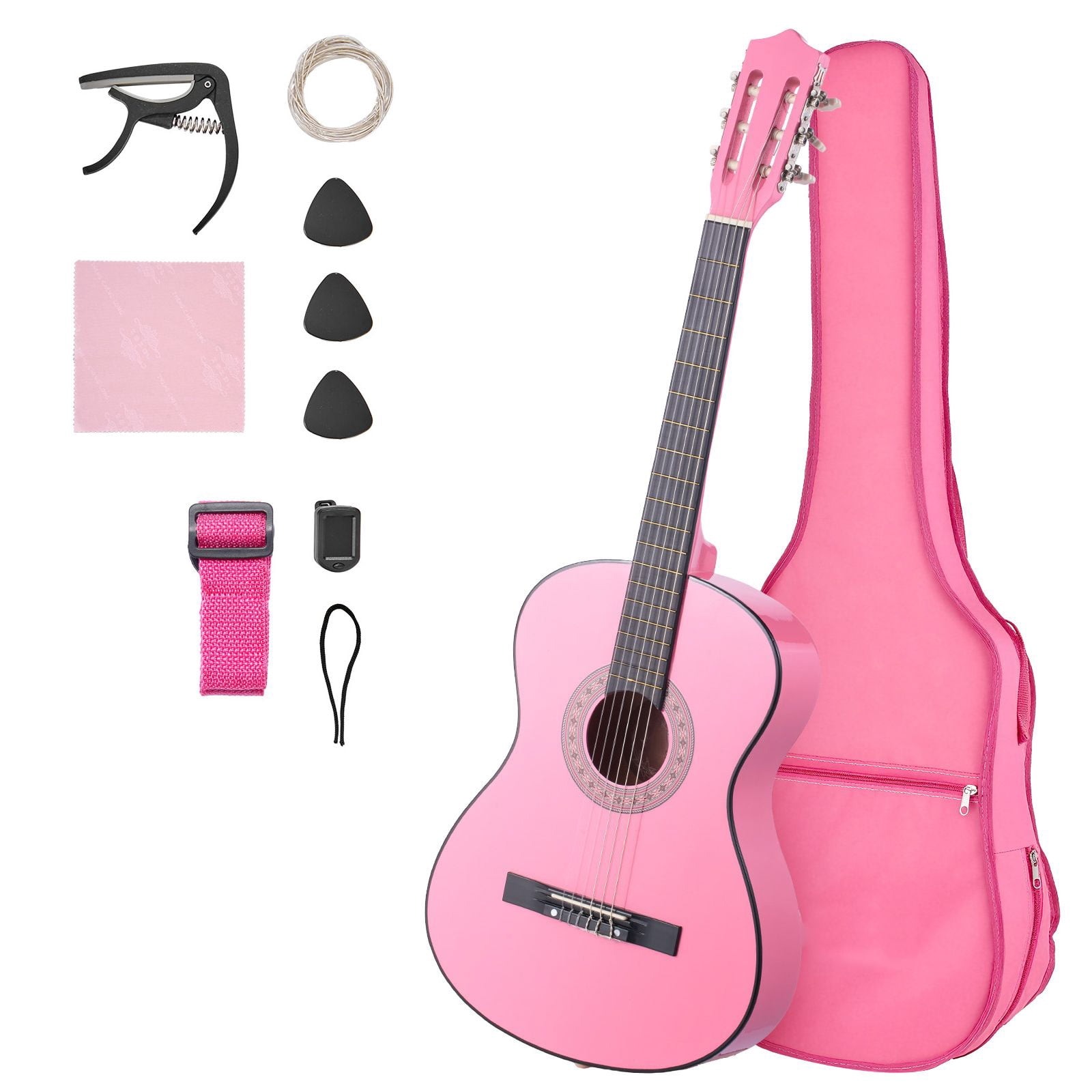 38" Classical Guitar Starter Kit for Beginners, Nylon Strings, Includes Gig Bag, Tuner, Capo, Strap & Picks, Basswood, for Teens Adults, Pink