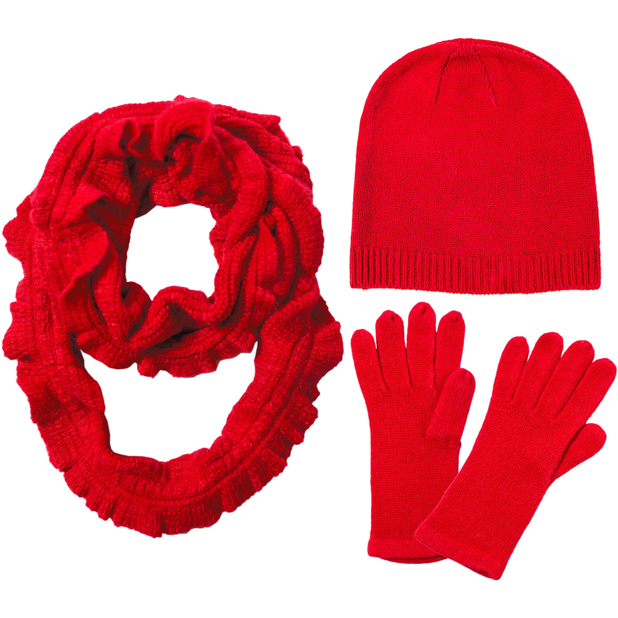 Women's Gift Box Soft Knit Ruffle Scarf, Hat and Glove Set